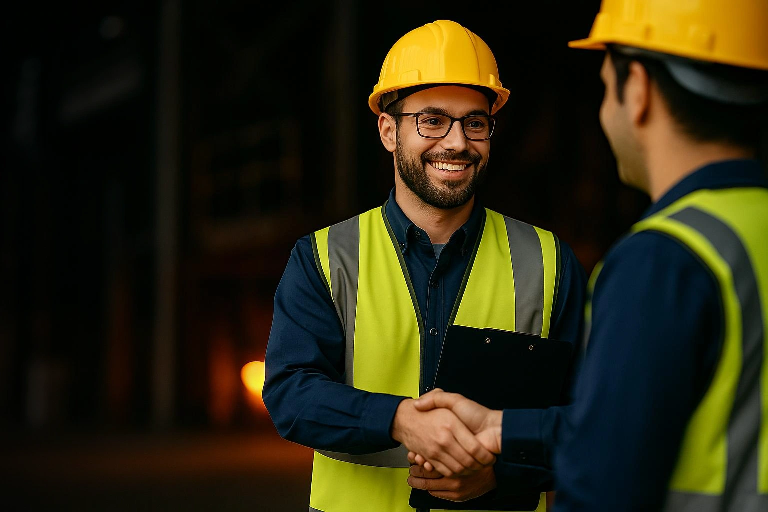 Safety professionals in hard hats and high-visibility vests shaking hands